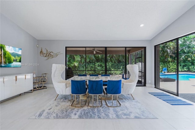 dining area with a healthy amount of sunlight, vaulted ceiling, and ceiling fan