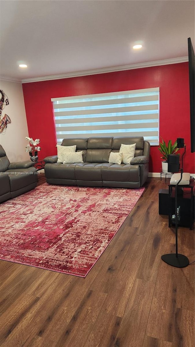 living room with crown molding and dark wood-type flooring