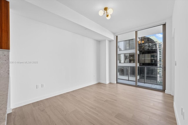 empty room featuring plenty of natural light, expansive windows, and light wood-type flooring