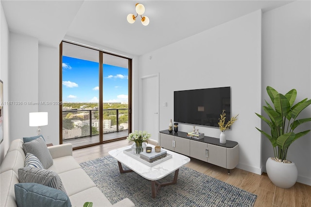 living room featuring expansive windows and light wood-type flooring