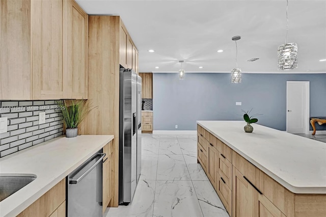 11811 NW 5th Ct, Plantation, FL 33325 - kitchen featuring light marble finish flooring, recessed lighting, light brown cabinets, stainless steel appliances, and tasteful backsplash