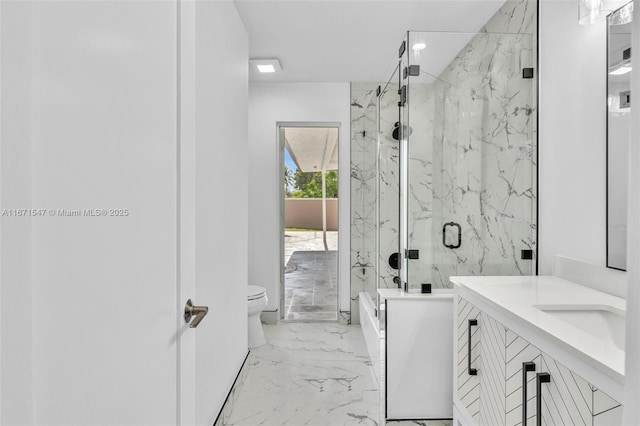 11811 NW 5th Ct, Plantation, FL 33325 - bathroom featuring a marble finish shower, toilet, marble tiled floors, and vanity