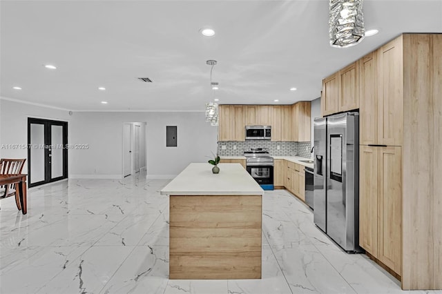 11811 NW 5th Ct, Plantation, FL 33325 - kitchen featuring light brown cabinets, appliances with stainless steel finishes, a kitchen island, recessed lighting, and light marble finish floors