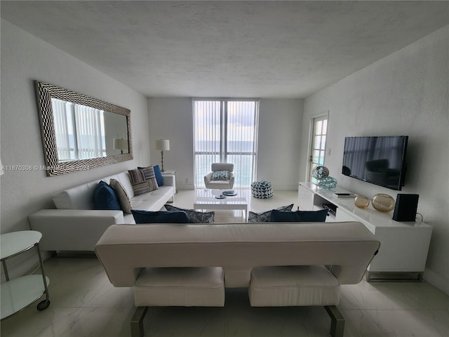 living room featuring a textured ceiling