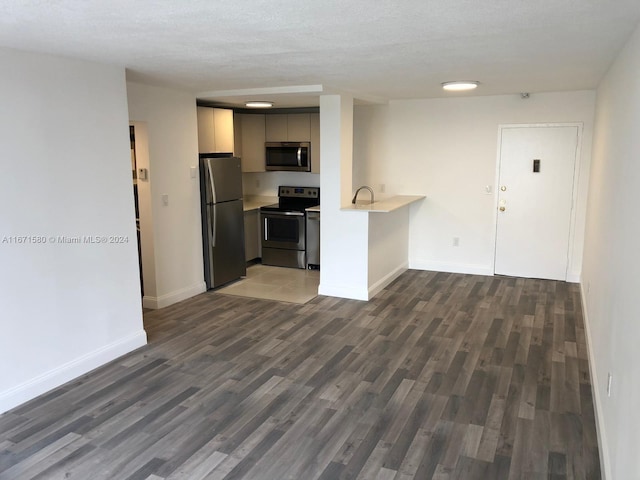 kitchen featuring a textured ceiling, appliances with stainless steel finishes, sink, and dark hardwood / wood-style flooring