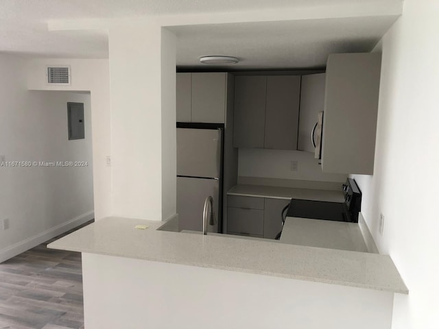 kitchen with gray cabinets, light wood-type flooring, electric panel, kitchen peninsula, and appliances with stainless steel finishes