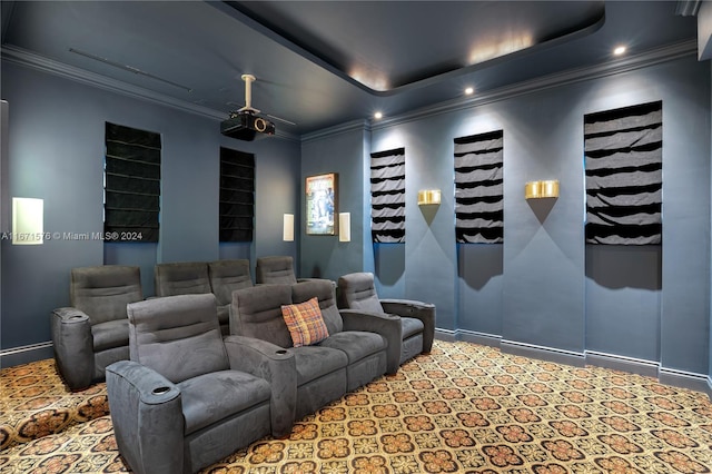 carpeted home theater with crown molding