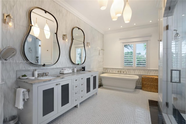 bathroom with vanity, tile walls, crown molding, and plus walk in shower