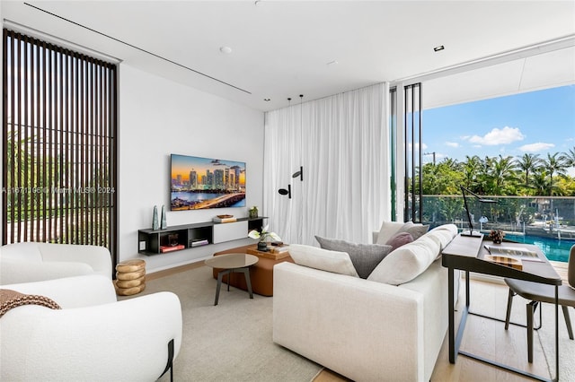 living room featuring a wall of windows