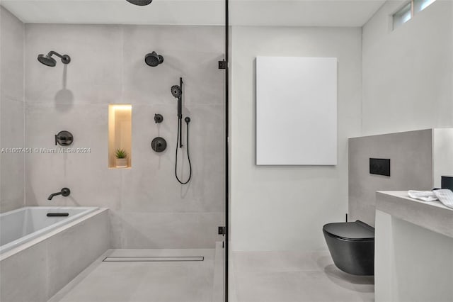 full bathroom featuring separate shower and tub, vanity, toilet, and tile patterned floors