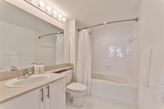 full bathroom with vanity, tile patterned flooring, shower / bathtub combination with curtain, and toilet