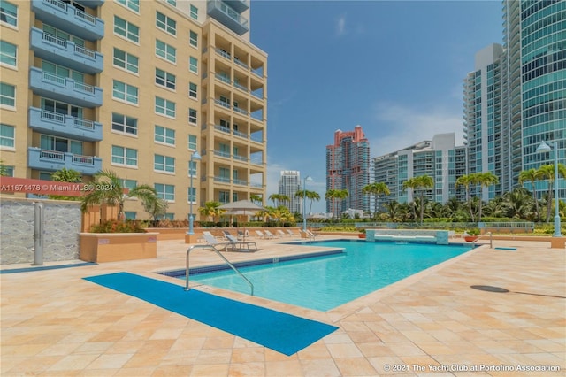 view of swimming pool featuring a patio area