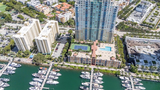 bird's eye view with a water view