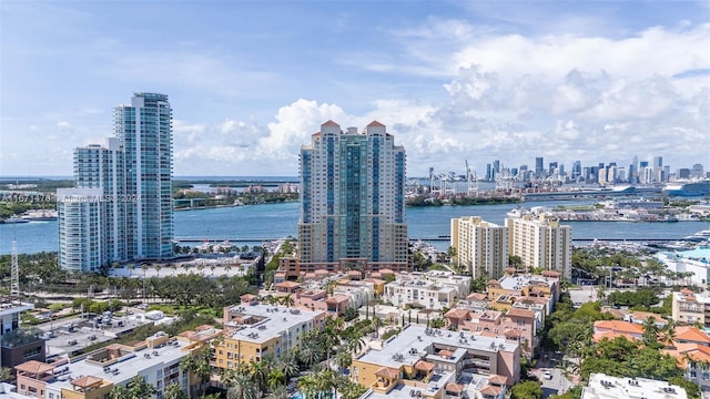 drone / aerial view featuring a water view