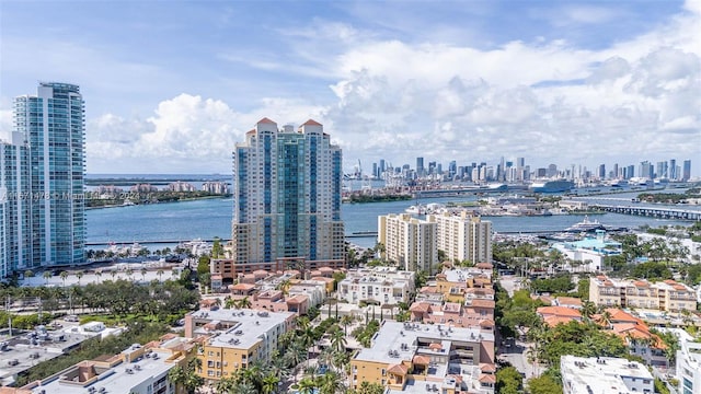 birds eye view of property featuring a water view