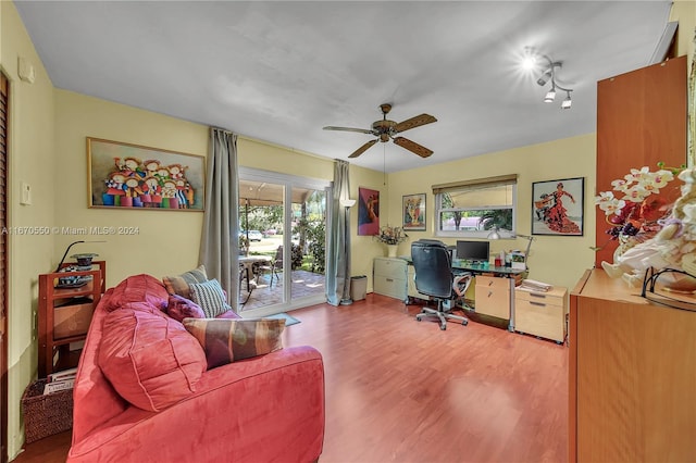 office space featuring plenty of natural light, ceiling fan, and wood-type flooring