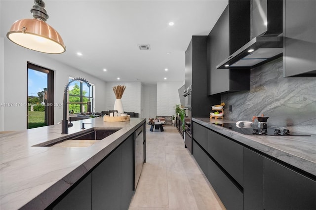 kitchen with dishwasher, wall chimney range hood, black electric cooktop, sink, and tasteful backsplash