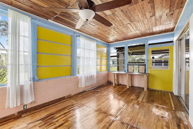 interior space with ceiling fan and wooden ceiling