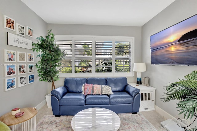 living room with light colored carpet