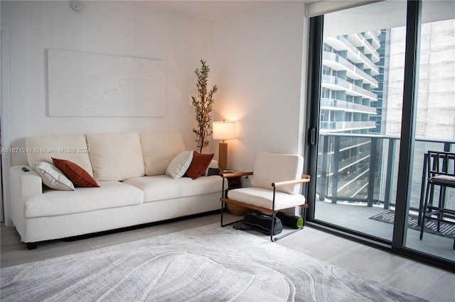 living room with wood-type flooring and a wall of windows