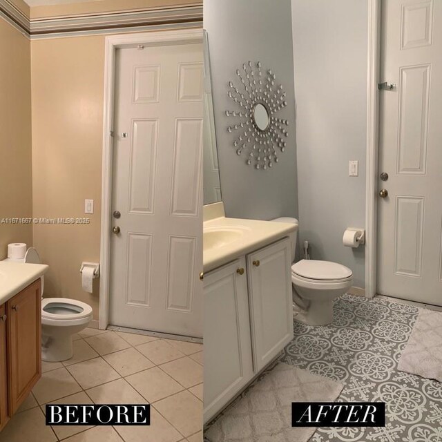 bathroom featuring vanity, tile patterned flooring, and toilet