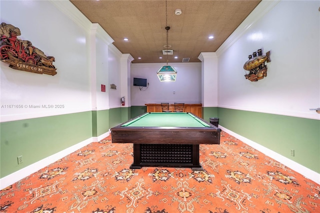 recreation room featuring pool table, carpet, baseboards, and ornamental molding