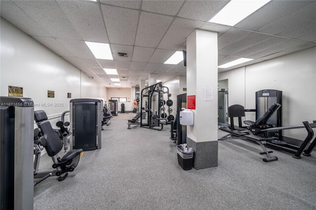 gym with a drop ceiling and carpet flooring