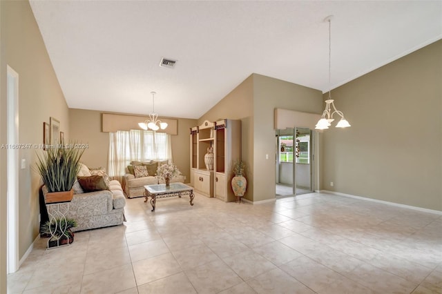 tiled living room featuring vaulted ceiling and an inviting chandelier