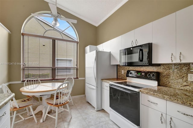 kitchen with white cabinets, backsplash, white appliances, lofted ceiling, and ceiling fan