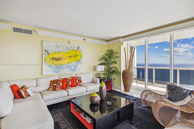 living room featuring crown molding and a water view