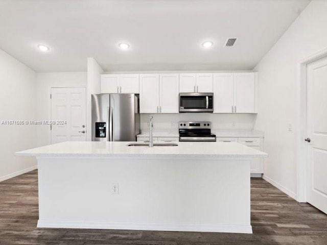 kitchen featuring white cabinets, a center island with sink, dark wood-type flooring, sink, and stainless steel appliances