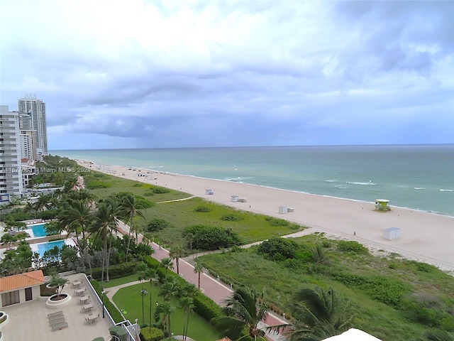 property view of water featuring a beach view