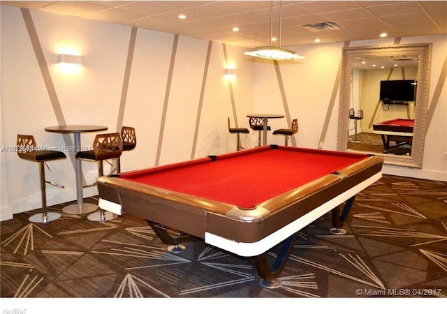 recreation room featuring a drop ceiling and pool table