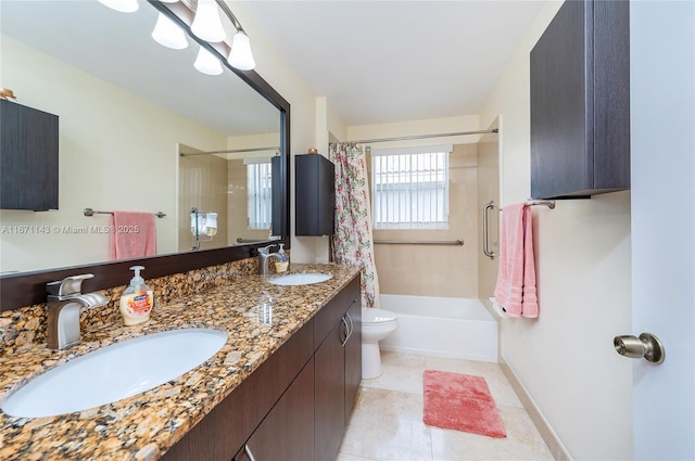 full bath featuring shower / bathtub combination with curtain, toilet, double vanity, and tile patterned flooring