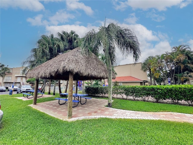 view of community featuring a gazebo and a yard