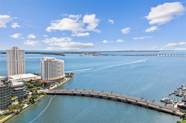 birds eye view of property featuring a water view