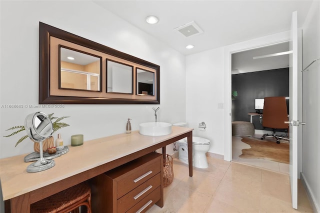 bathroom with recessed lighting, visible vents, toilet, vanity, and tile patterned flooring