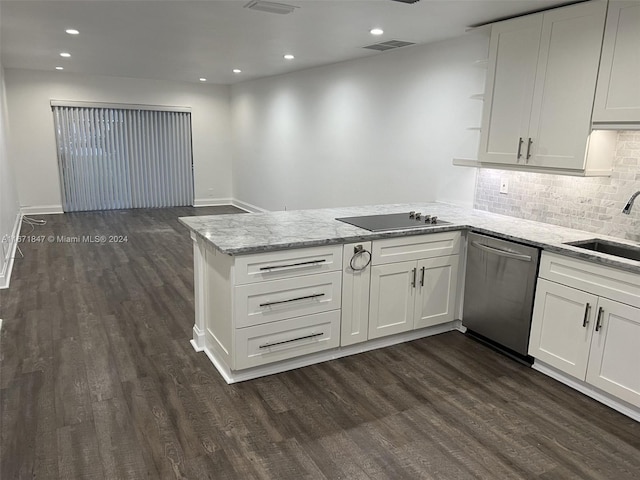 kitchen with white cabinets, kitchen peninsula, black electric stovetop, stainless steel dishwasher, and dark hardwood / wood-style floors