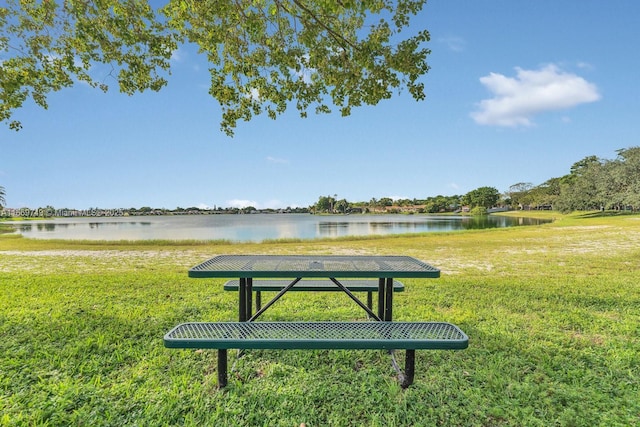 view of community with a lawn and a water view