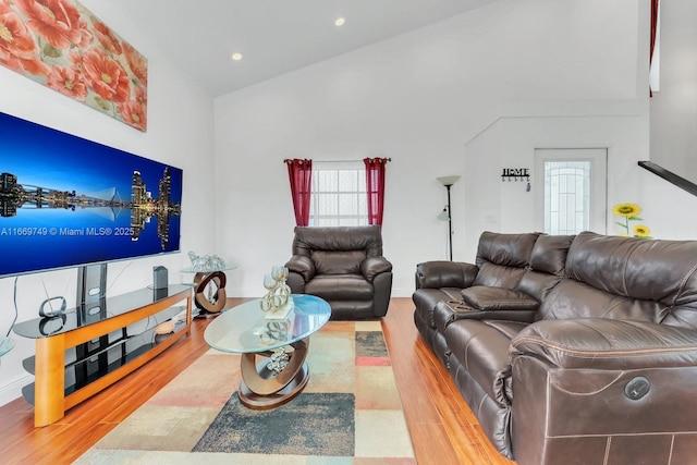 living room featuring hardwood / wood-style floors and high vaulted ceiling