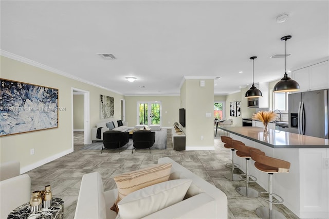 living room featuring crown molding