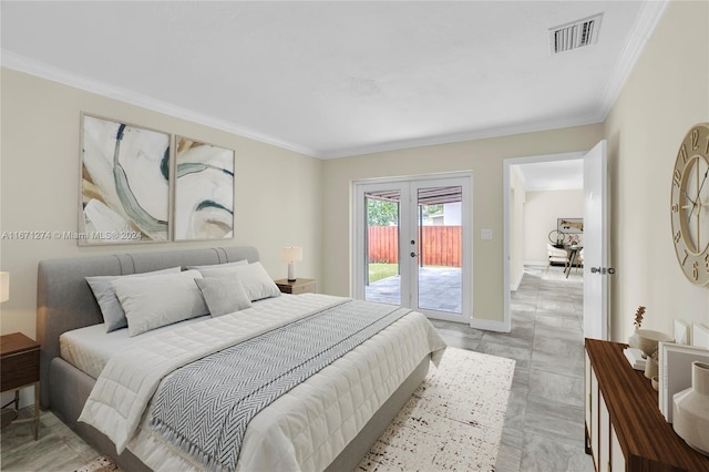 bedroom featuring access to outside, french doors, and ornamental molding