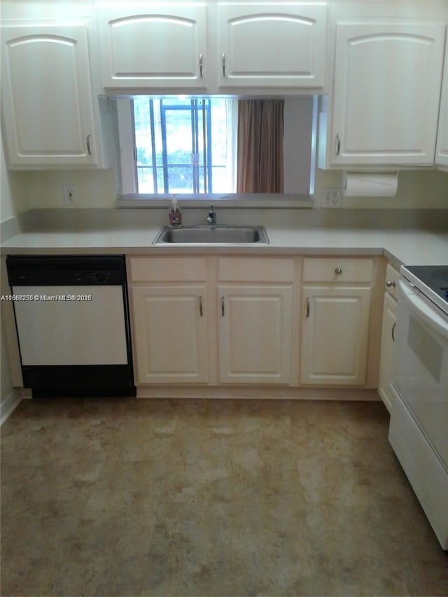 701 SW 142nd Ave Unit 104S, Pembroke Pines, FL 33027 - kitchen featuring dishwashing machine, white range with electric stovetop, white cabinetry, and light countertops