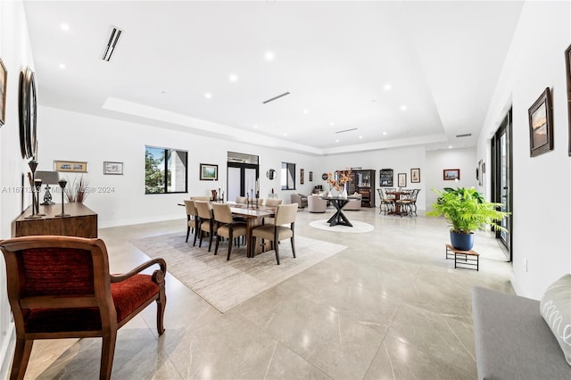 dining area with a tray ceiling