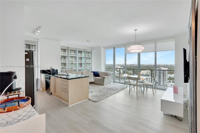 kitchen with light hardwood / wood-style floors, decorative light fixtures, floor to ceiling windows, and a wealth of natural light