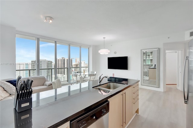 kitchen featuring sink, dishwasher, decorative light fixtures, and a healthy amount of sunlight