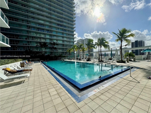 view of swimming pool with a patio