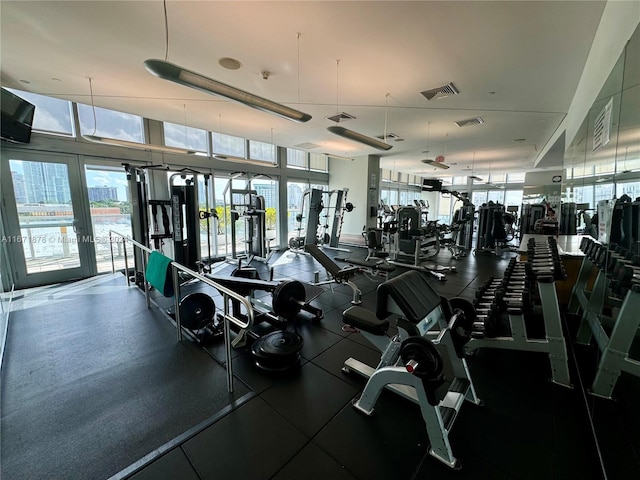 workout area featuring french doors