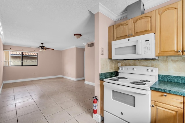 kitchen featuring light tile patterned flooring, backsplash, ceiling fan, crown molding, and white appliances