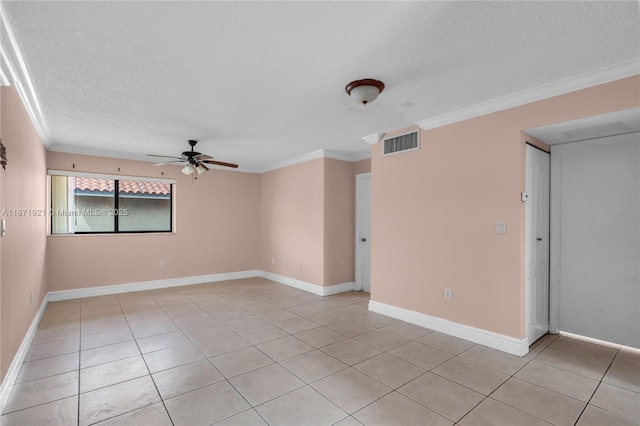 unfurnished room with crown molding, light tile patterned flooring, a textured ceiling, and ceiling fan